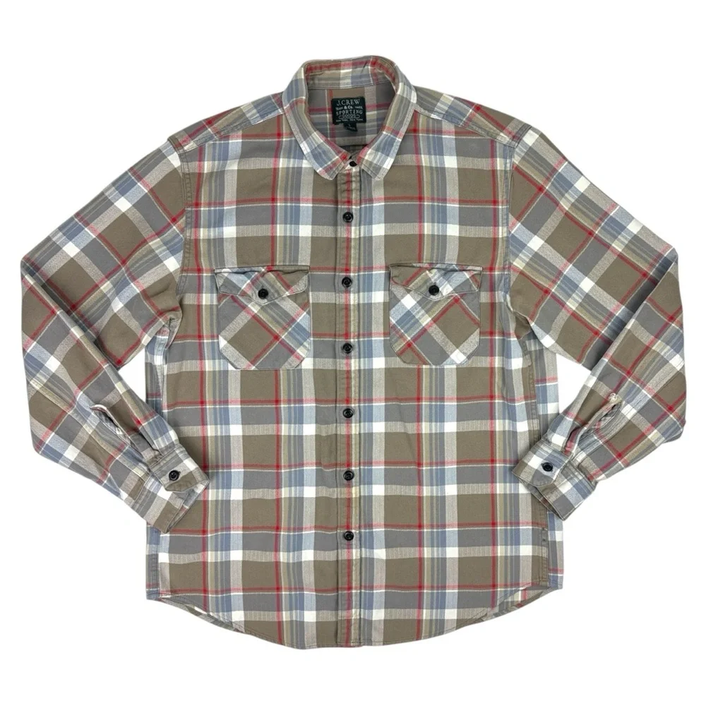 J. Crew Plaid Shirt Men's Large Tan Gray Red Flannel Button-up 100% Cotton Soft